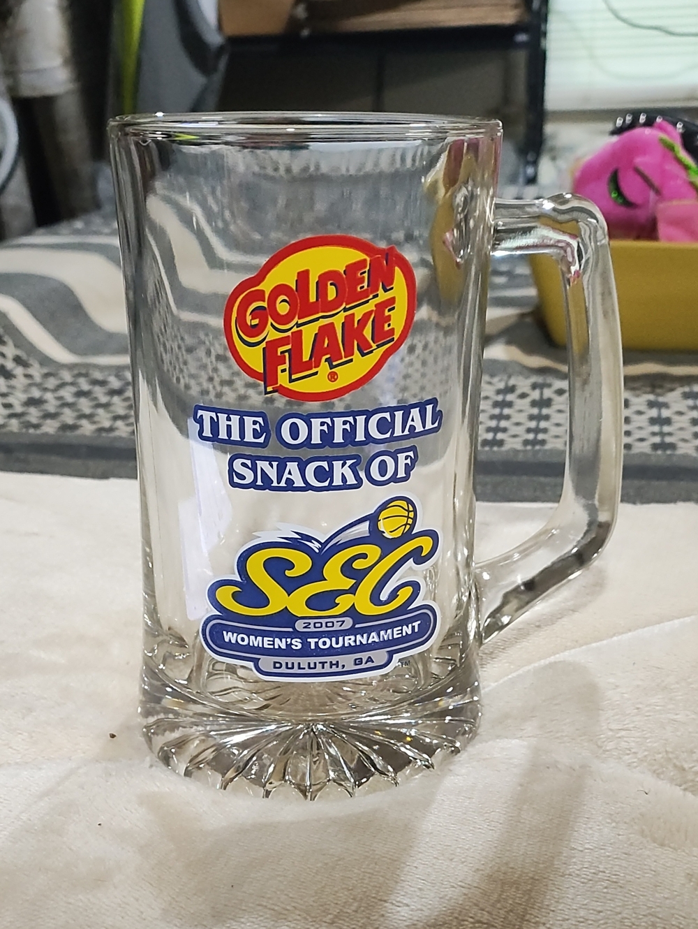 Clear Glass Beer Mug - Official SEC Women's Tournament Design (Yellow/Blue)